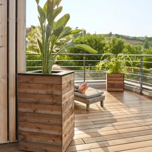 vente chaude Jardipolys Bac à Fleurs Carré Acier Noir Et Bois De Sapin épicéa 8